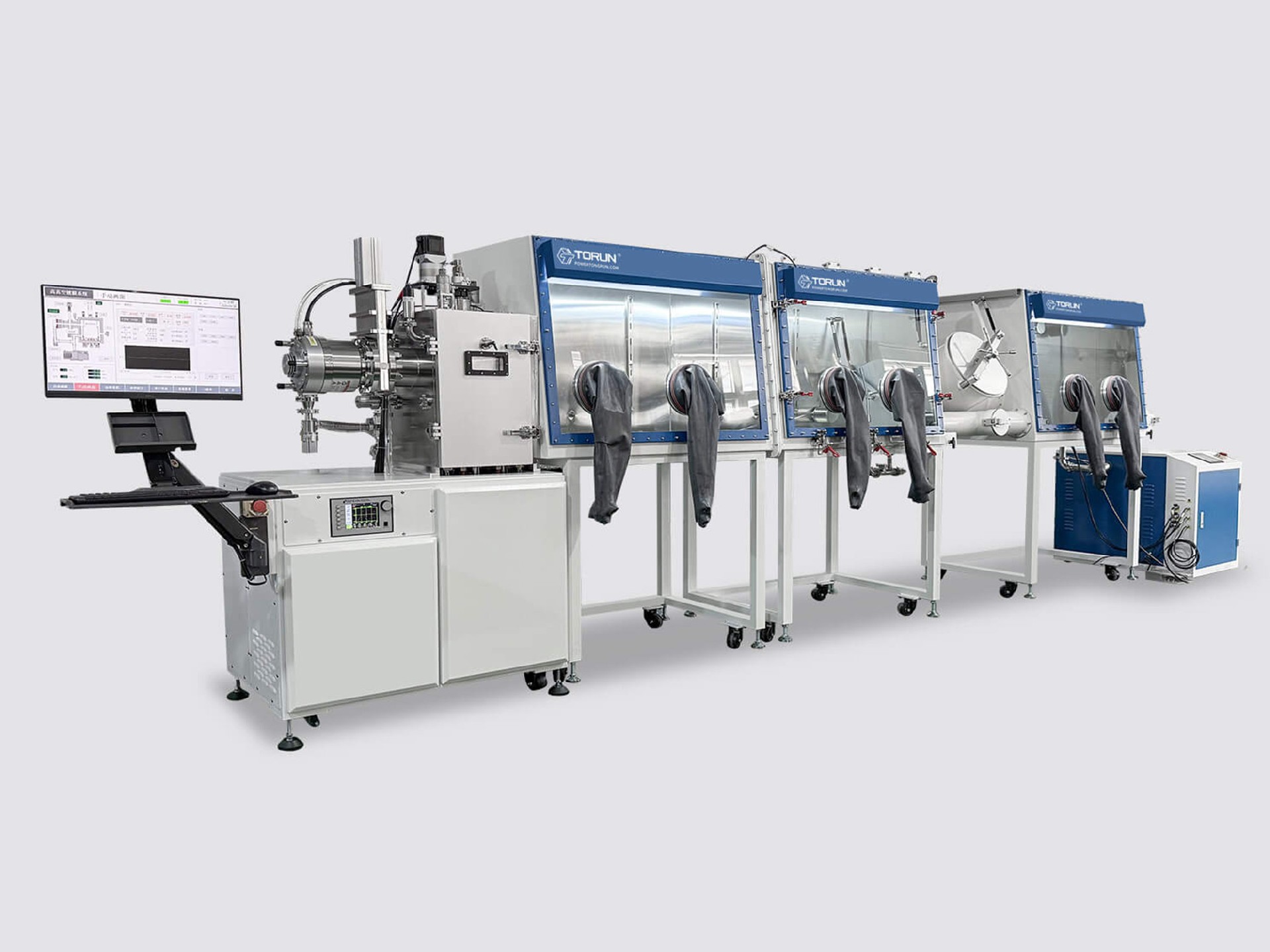 Multi-position evaporation glove box integration system (water and oxygen < 0.1 ppm)